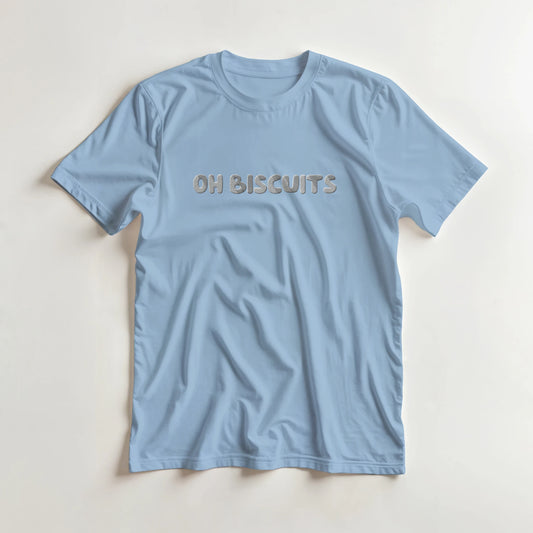 Light blue t-shirt with 'Existing' text on a beige background